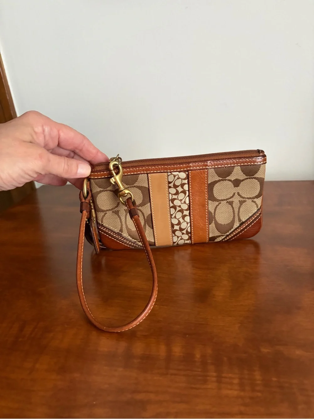 Coach Brown and Tan Signature Wristlet with Leather Trim *READ*